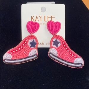 Kay Lee Beaded Sneaker Earrings with Heart Design NWT